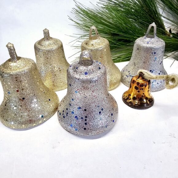 Vintage 6 Hard Plastic Gold Silver Glitter Bell Christmas Tree Ornaments Retro! - Picture 10 of 11